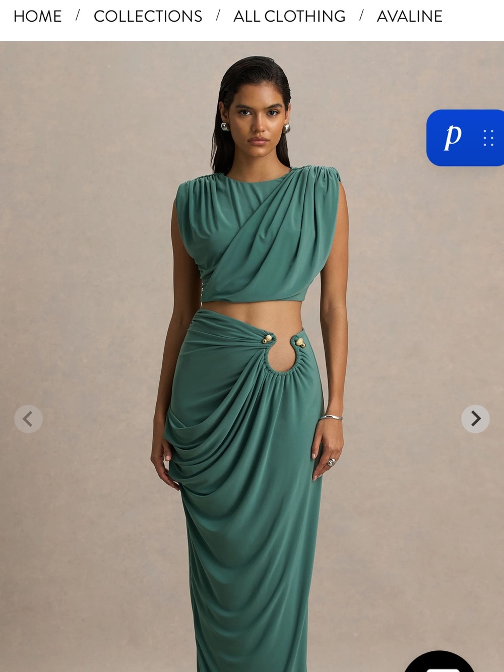 Avaline Emerald Green Draped Maxi Skirt with Decorative Cutout
